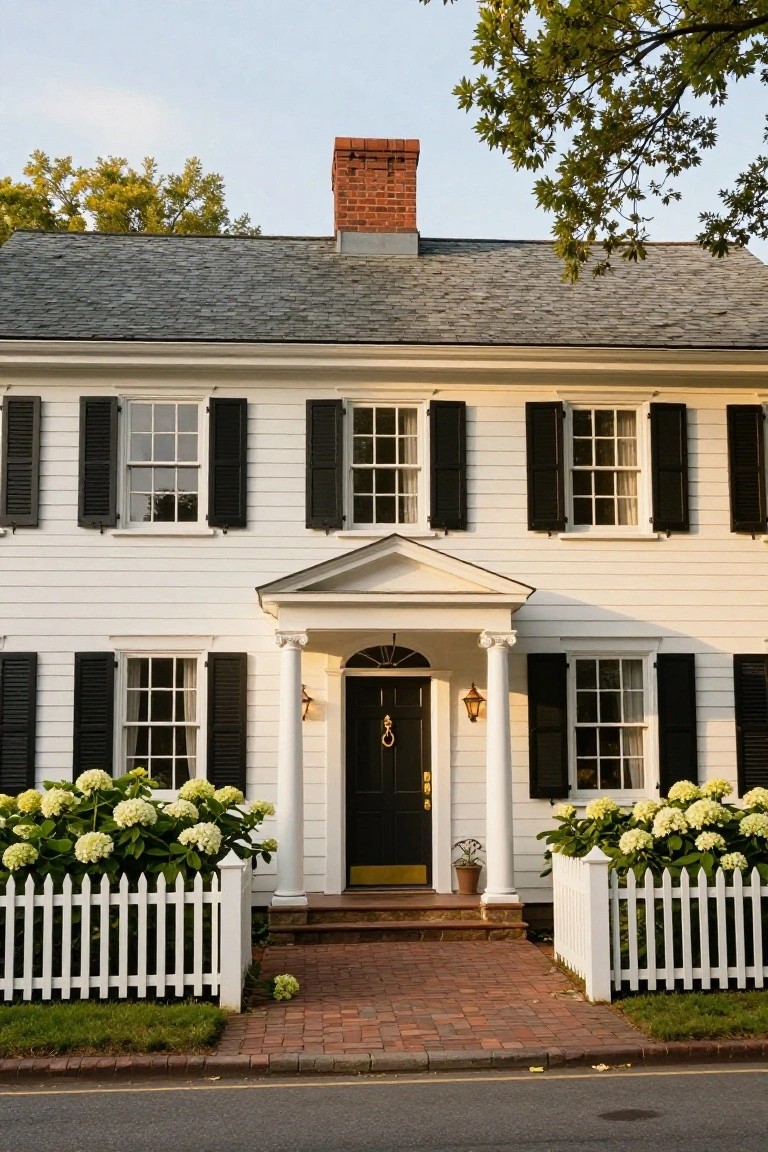 Two-story white clapboard colonial house with black shutters on multi-pane windows, pedimented entry porch supported by columns, black front door with brass knocker, hydrangea bushes, white picket fence, and brick pathway.