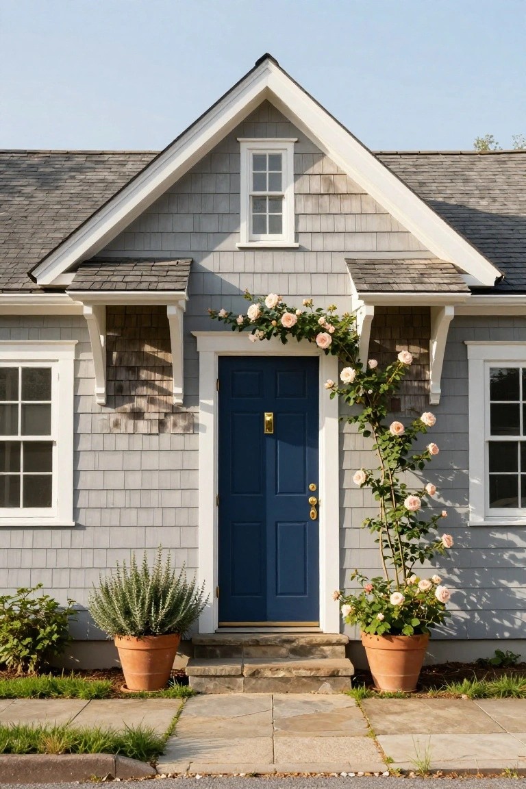 Gray shingle house facade with gabled roof, white trim, navy blue front door, pink climbing roses on right porch bracket and overhang, two large terracotta pots with silver-leaf plants flanking stone entry steps to sidewalk.