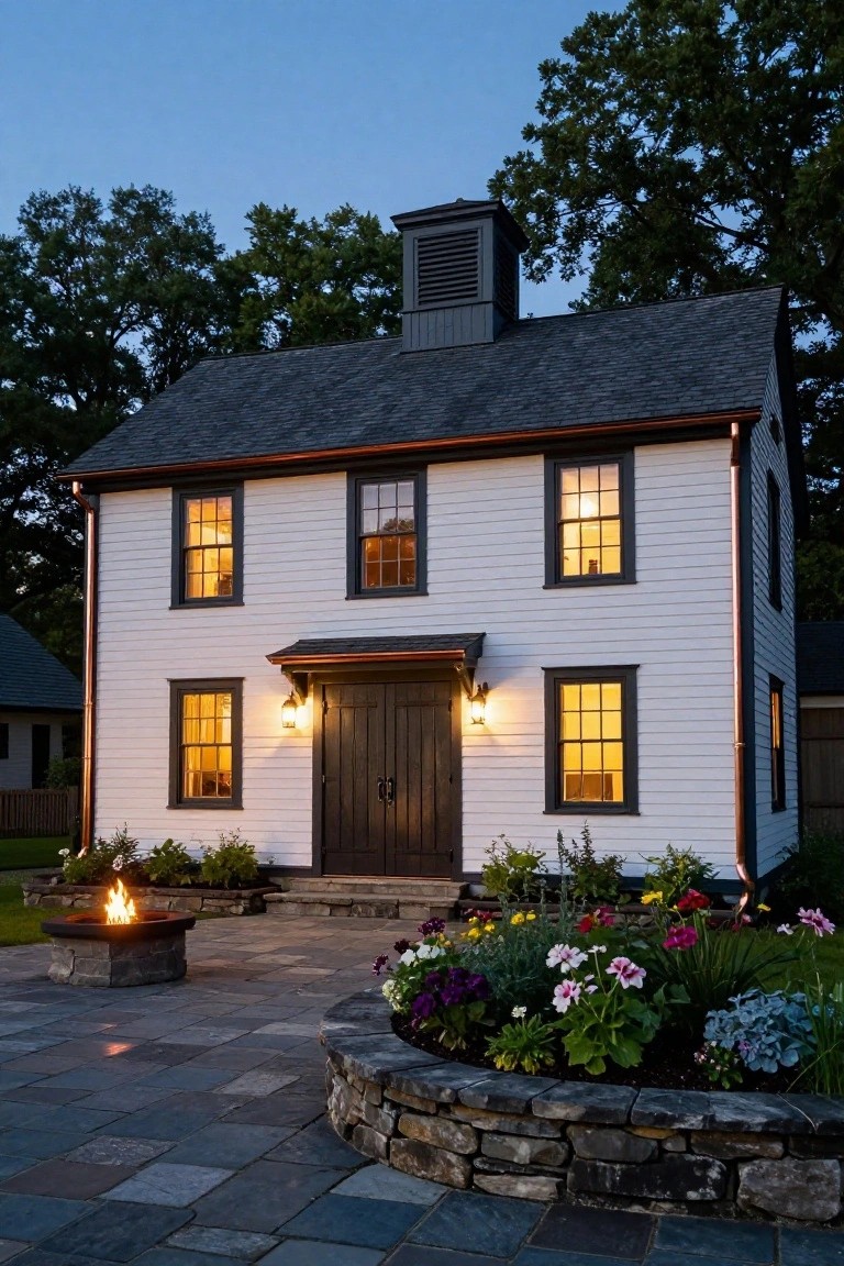 White clapboard Colonial house at dusk with dark roof, black shutters and door, copper gutters, lit lanterns at entry, stone patio with fire pit, and surrounding flower beds and trees.