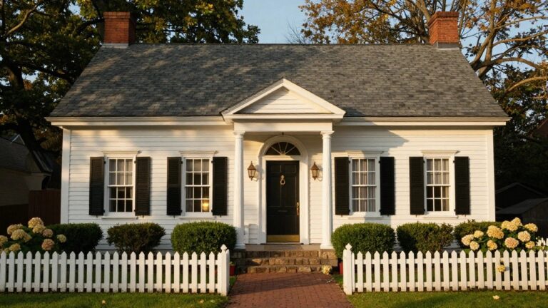 Two-story white clapboard colonial house with black shutters on multi-pane windows, pedimented entry porch supported by columns, black front door with brass knocker, hydrangea bushes, white picket fence, and brick pathway.