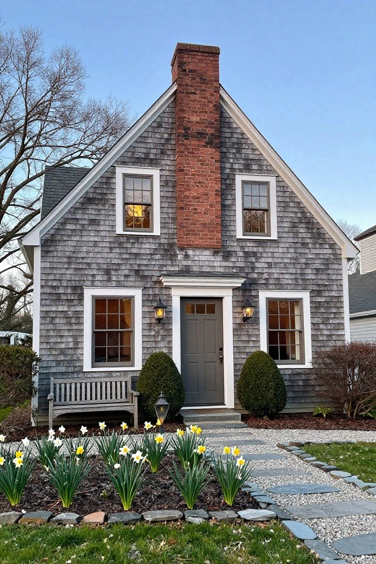 Gray shingled two-story house with central red brick chimney, white trim on symmetrical windows and dark gray front door with lanterns, flanked by boxwood shrubs and wooden bench, stone path lined with daffodil beds in front yard.