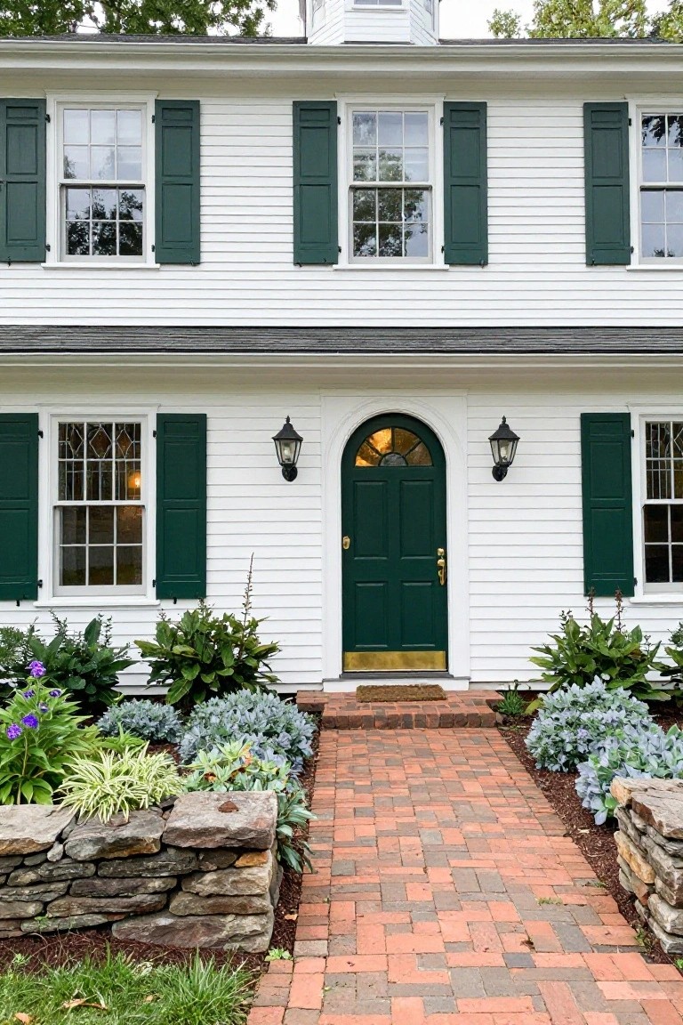 White two-story Colonial house exterior with green shutters on multi-pane windows, arched green front door with brass knocker and lanterns, brick pathway leading to entry, stone retaining walls, and low plantings including hostas and lavender.