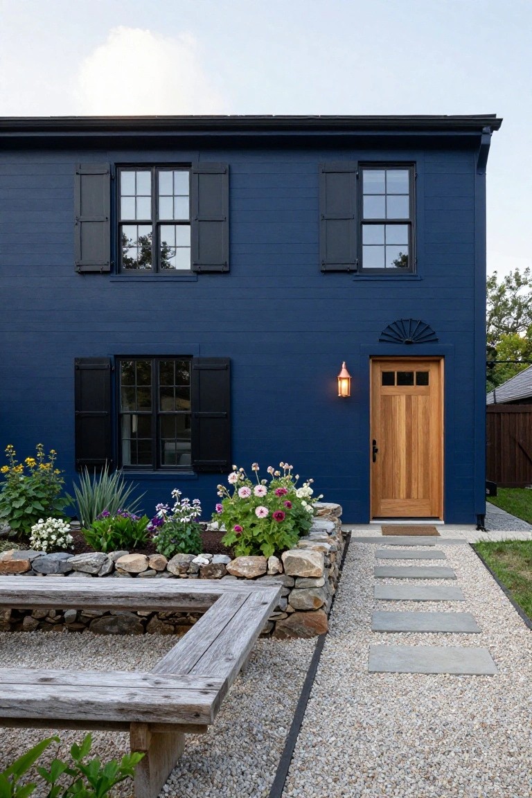 Navy blue painted two-story house with black shutters on windows, wooden entry door with fanlight and copper lantern light, flower garden in stone-edged bed, gravel ground cover, concrete paver path, and wooden bench.