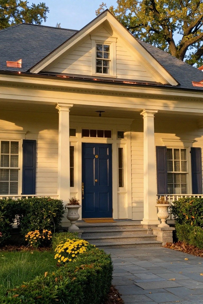 Navy Door and Shutters on Pale Siding