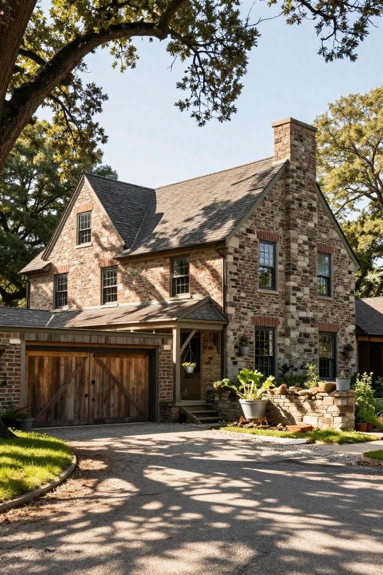 Two-story Colonial house exterior with mixed fieldstone and brick walls, brick chimney, wooden garage doors, potted plants, stone wall, and oak trees in a gravel driveway setting.