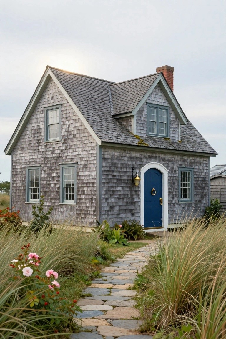 Gray shingled cottage with gabled roof, blue arched front door with brass knocker and lantern, white trim around windows, stone pathway through tall grasses and pink flowers.