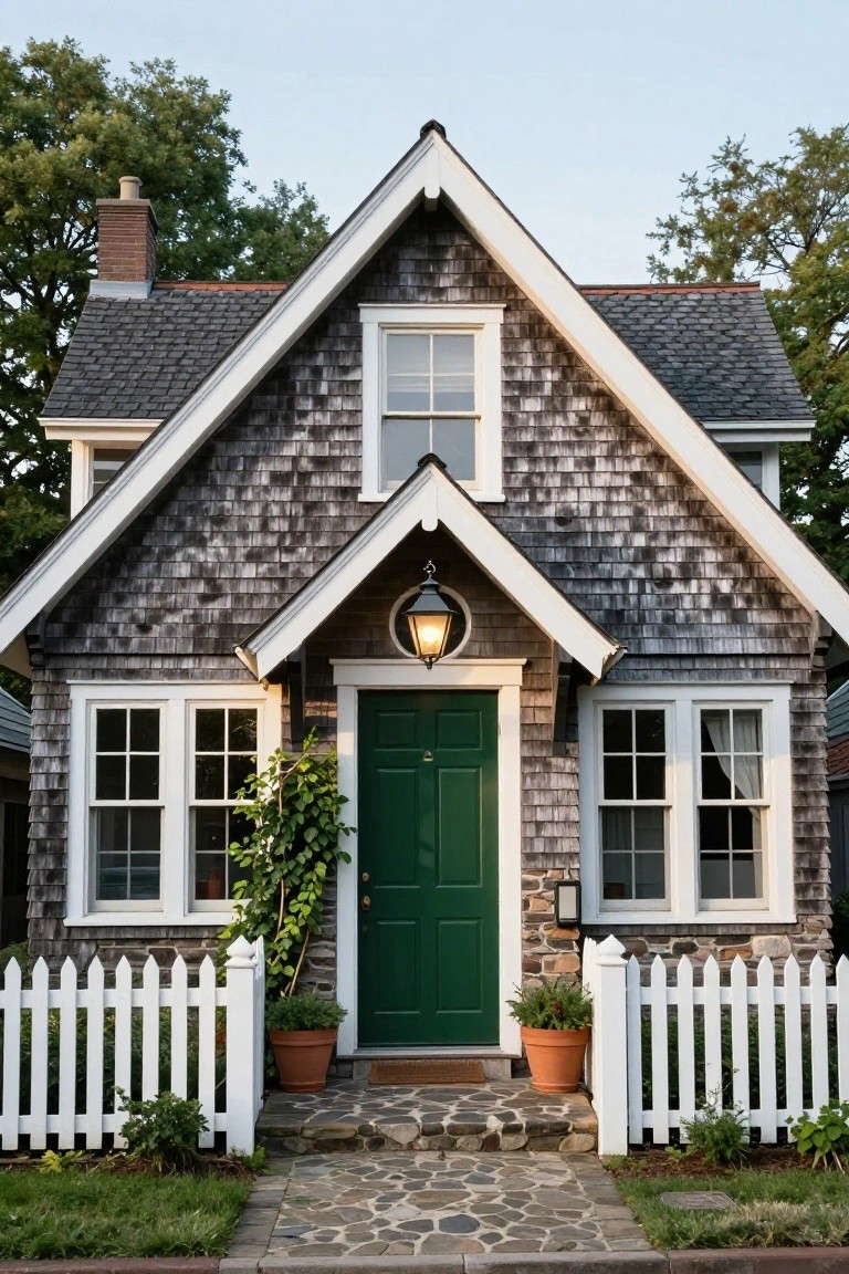 Gray shingle siding house with white trim, green front door, lantern light, white picket fence, potted plants, and stone walkway in front yard