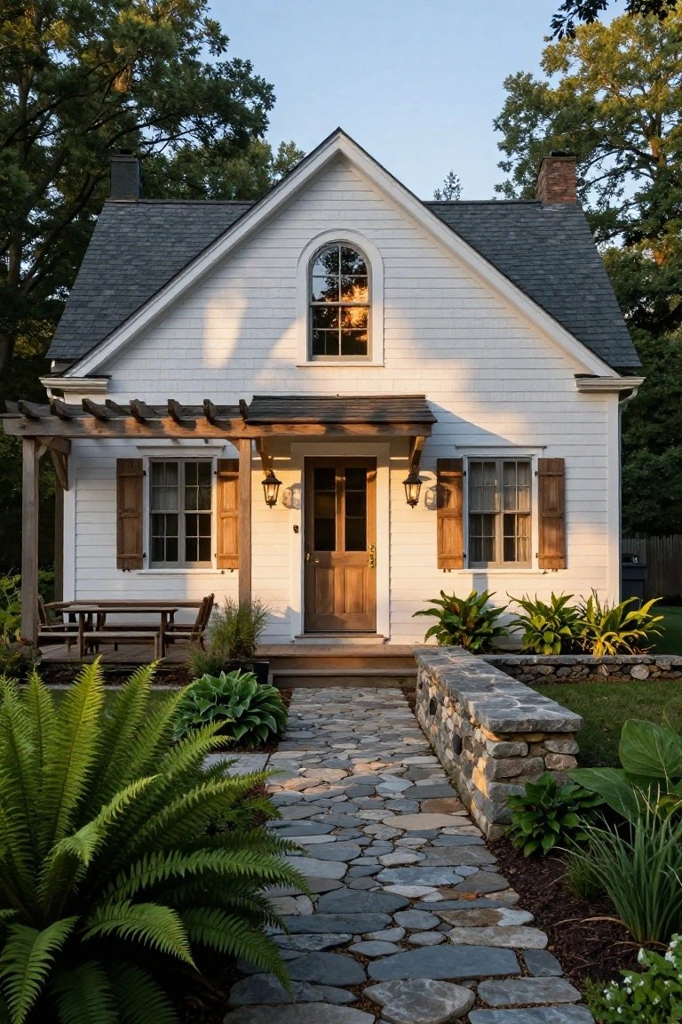 White clapboard house with gabled dark shingled roof, wooden pergola covering the front entry door flanked by lanterns, stone pathway leading from street, surrounded by ferns and hostas.