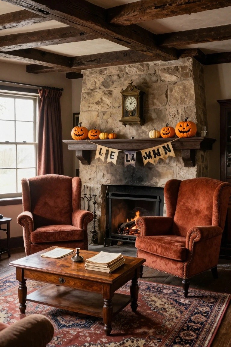 Rustic living room interior with stone fireplace mantel decorated by burlap Happy Halloween banner and orange pumpkins, flanked by two red velvet wingback armchairs and a wooden coffee table on a patterned rug.