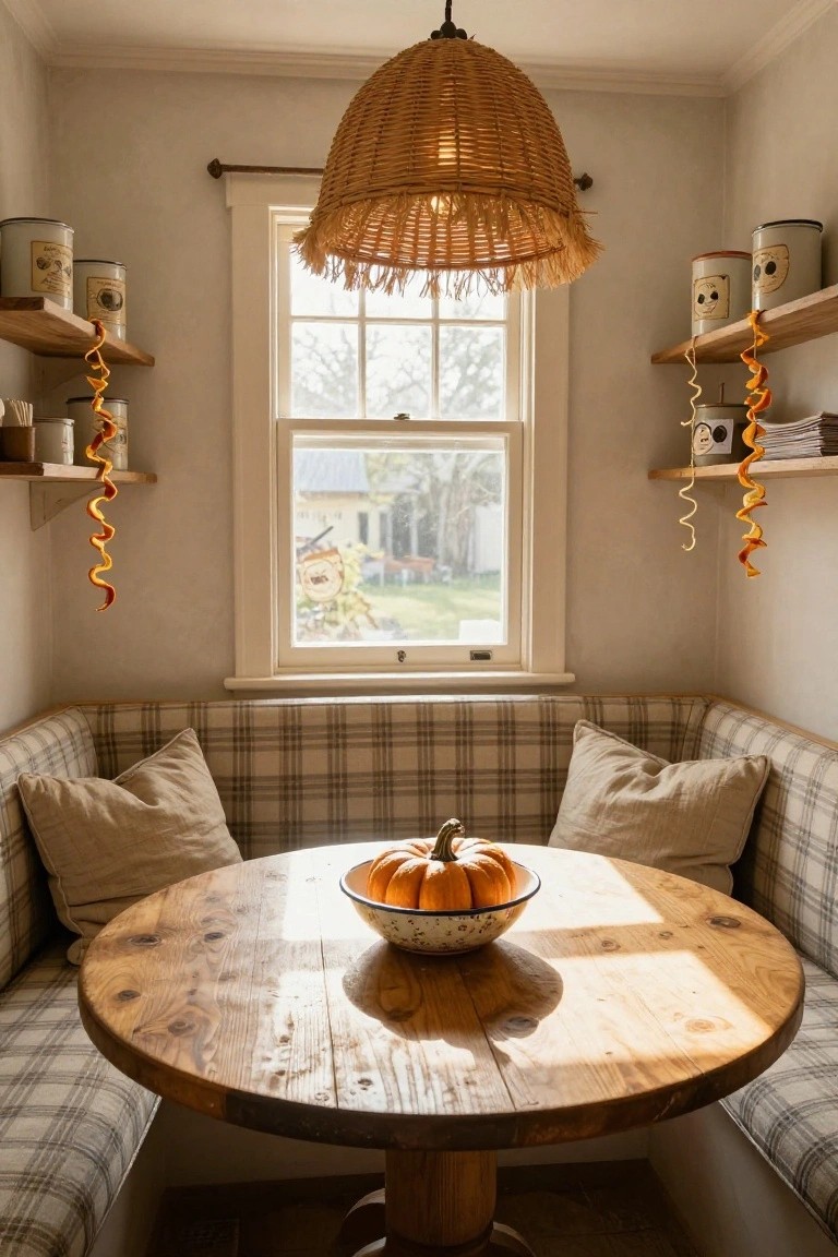 Cozy indoor breakfast nook featuring plaid bench seating around a round wooden table with a white bowl of small pumpkins in the center, beige cushions, open wooden shelves holding vintage metal tins and hanging dried orange garlands, a woven pendant light, and a window with garden view.