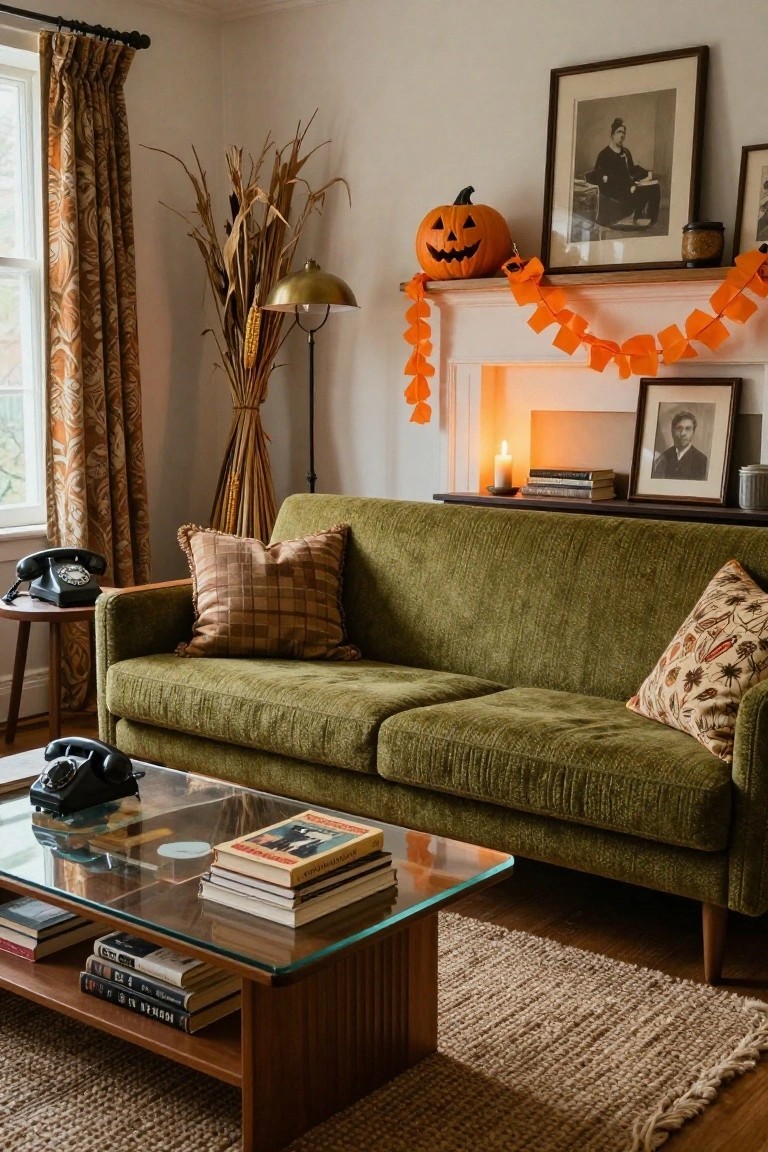 Living room interior with green velvet sofa, wooden coffee table topped with stacked books and black rotary phone, mantel holding carved pumpkins, candles, orange garlands, and potted plants, lit by a floor lamp near patterned curtains.