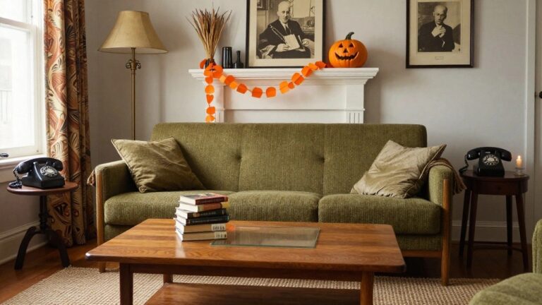 Living room interior with green velvet sofa, wooden coffee table topped with stacked books and black rotary phone, mantel holding carved pumpkins, candles, orange garlands, and potted plants, lit by a floor lamp near patterned curtains.