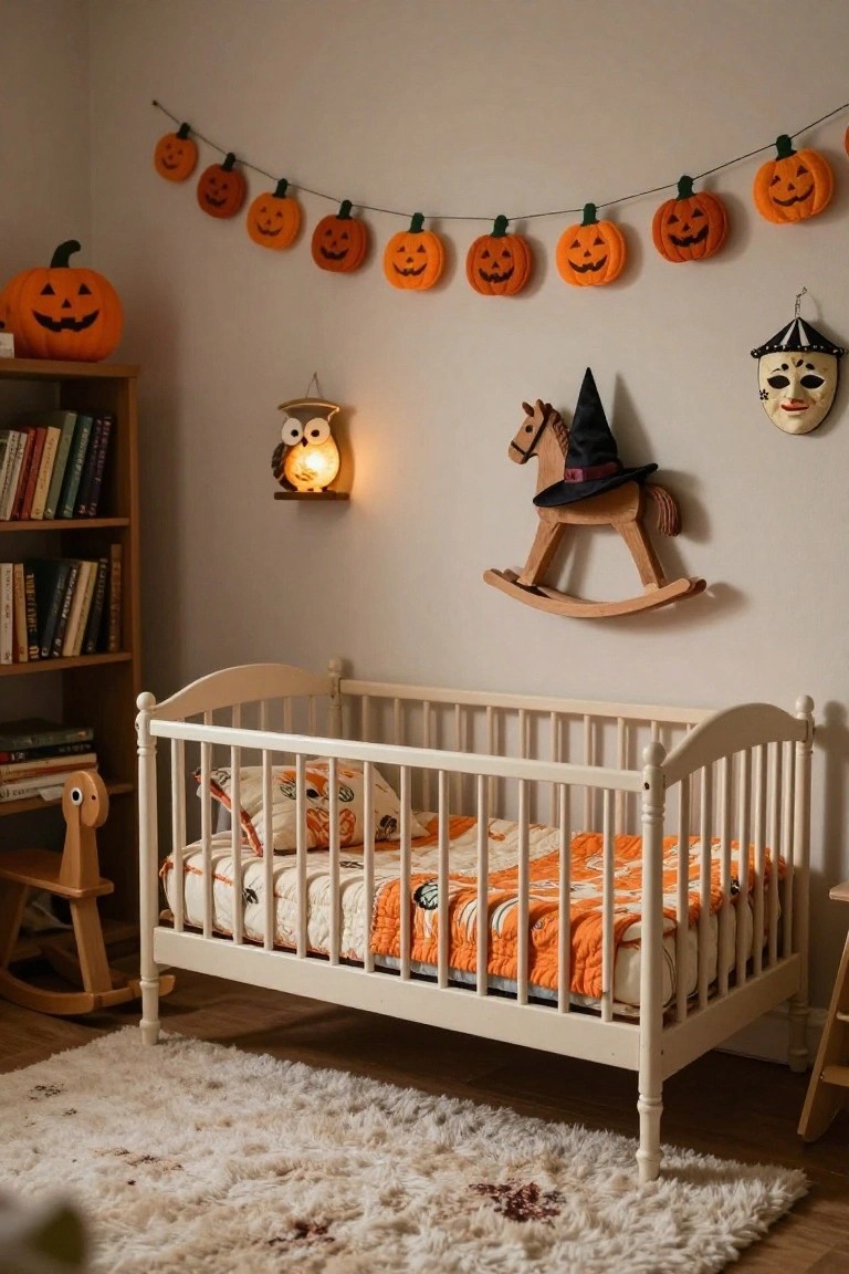 A nursery bedroom decorated for Halloween featuring a white crib with orange quilted bedding, a garland of orange felt pumpkins on the wall, a large plush jack-o-lantern, bookshelves, an owl wall lamp, a rocking horse with witch hat, and a white fluffy rug on the floor.