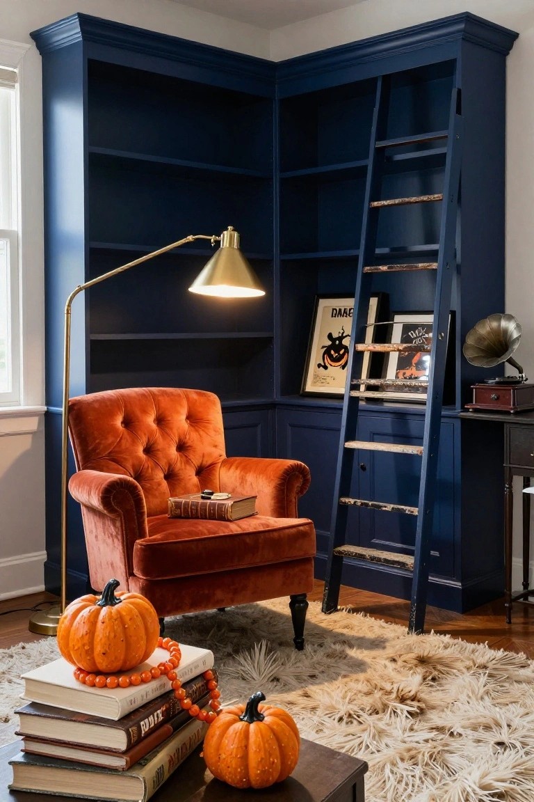 Corner interior with navy painted built-in bookshelves and wooden rolling ladder, orange velvet armchair with books, brass arc lamp, pumpkins, stacked books, orange beaded necklace, and cream shag rug on wood floor.