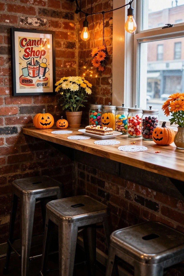 Brick-walled indoor corner with wooden counter holding glass jars of colorful candies, carved pumpkins, a layered cake on a plate, doilies, and potted flowers, plus metal bar stools and Halloween poster on wall.