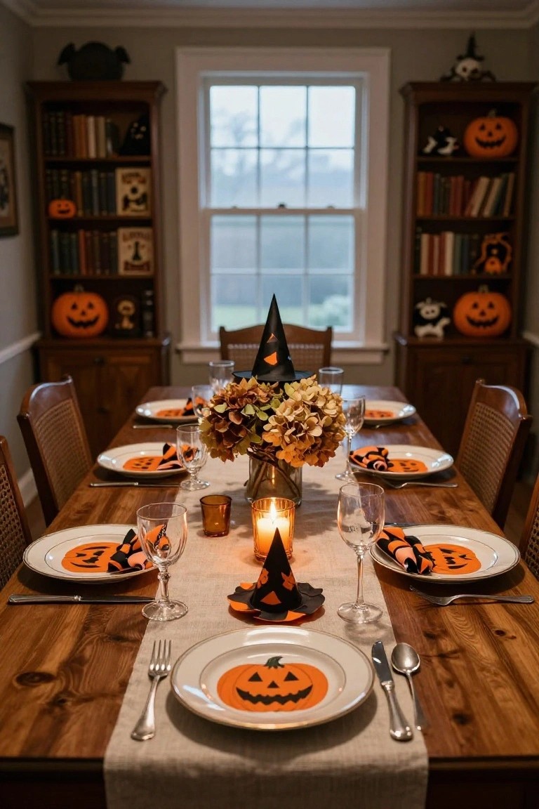 Dining room table set for Halloween with white plates featuring orange paper pumpkin faces underneath, black and orange napkins, wine glasses, candles, gold witch hat decorations, and a burlap runner on a wooden table, with bookshelves and pumpkins in the background.