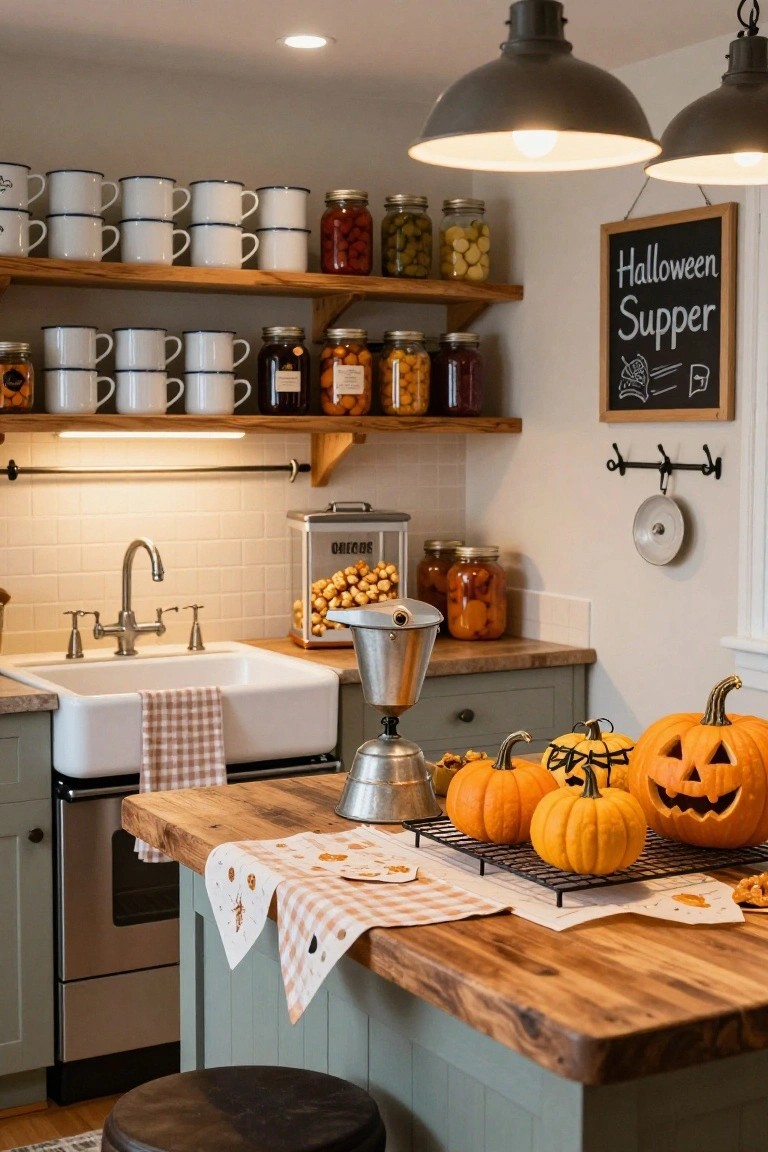 Farmhouse kitchen with open wooden shelves holding stacked white enamelware mugs and glass jars of preserves and nuts, wooden island topped with small pumpkins and a metal percolator, white farmhouse sink, and Halloween chalkboard sign.