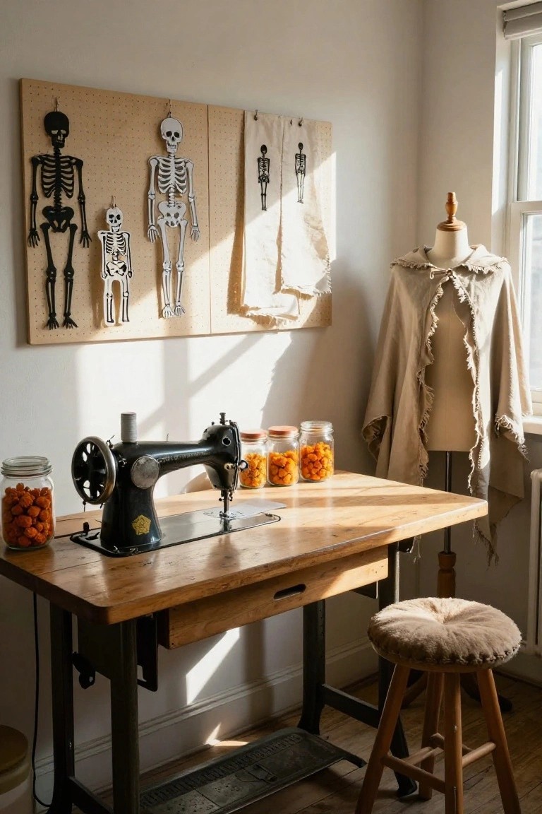 Indoor sewing room featuring a black vintage sewing machine on a wooden table, glass jars filled with orange items, a mannequin dressed in a beige fringed cloak, and multiple black and white paper skeleton cutouts hanging on a light corkboard wall beside a window.