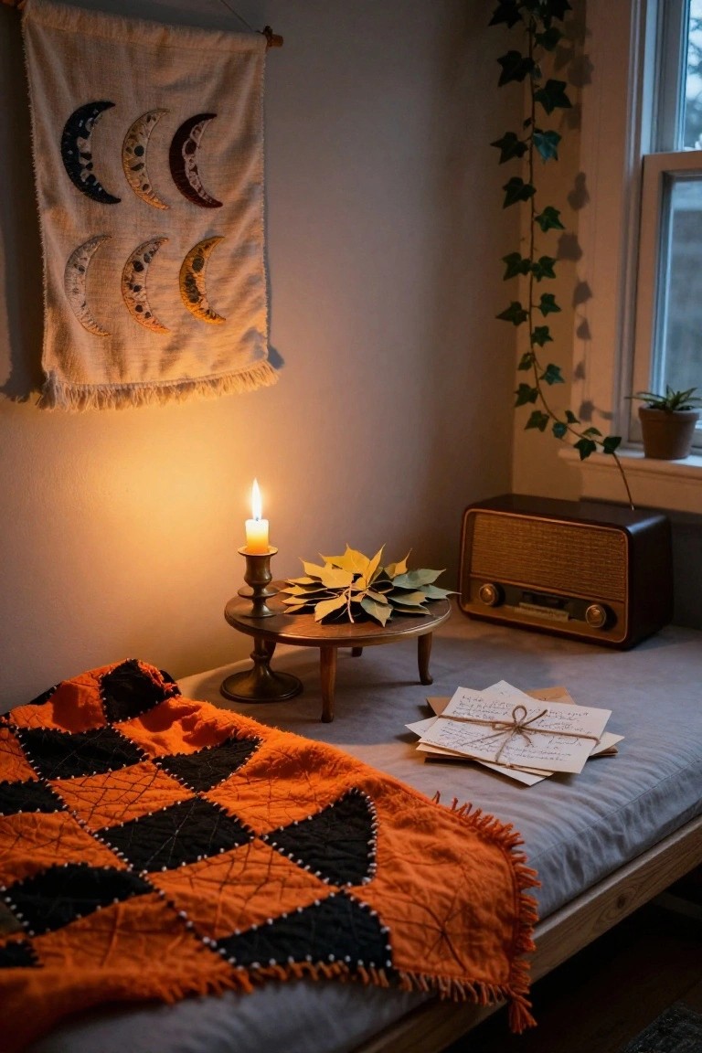Cozy bedroom corner with low daybed covered in black and orange patchwork quilt, wooden table holding brass candlestick with flame, yellow fall leaves, and brown vintage radio, moon phase tapestry hanging on wall near ivy plant by window.