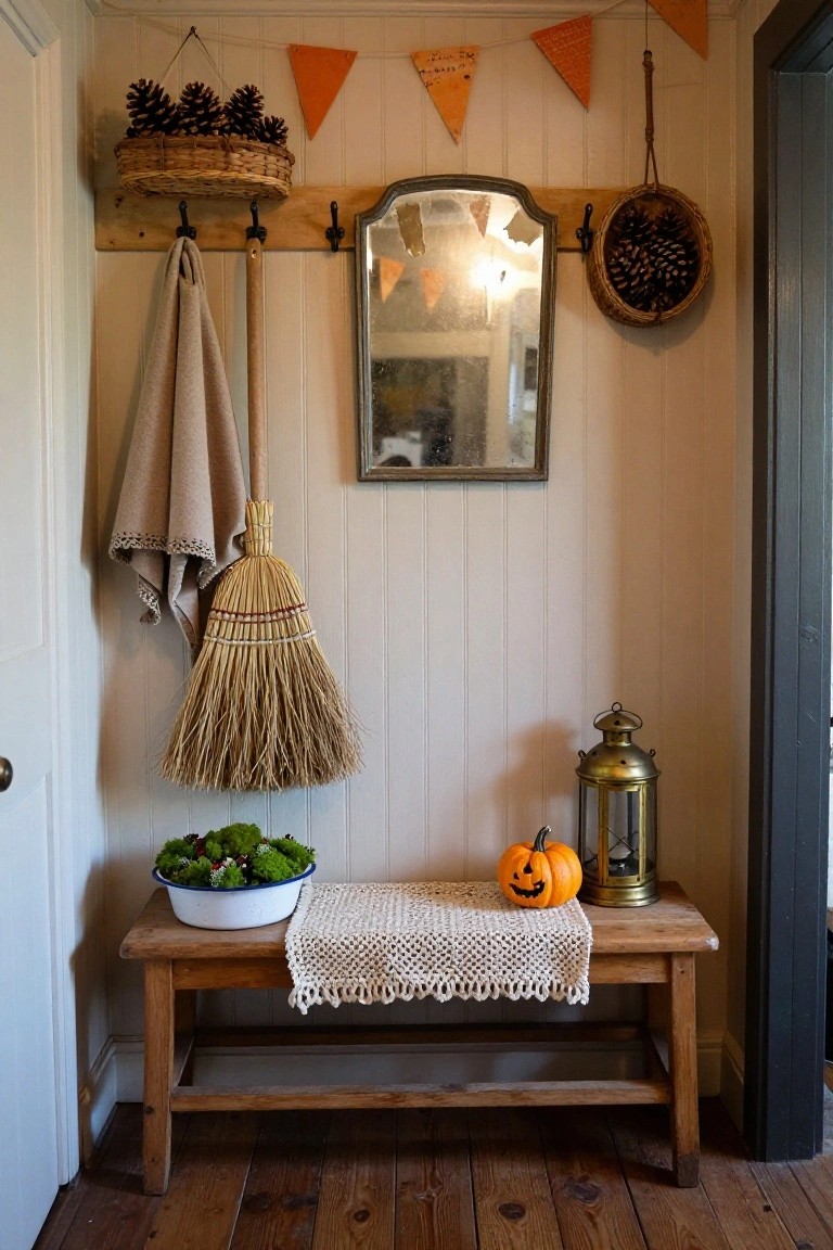 Hallway entryway with white shiplap walls, wooden coat hooks holding a towel and broom, antique mirror, wicker pinecone baskets, wooden bench with crochet runner holding moss-filled enamel bowl, small jack-o-lantern pumpkin, and brass lantern, orange bunting and Halloween decor.