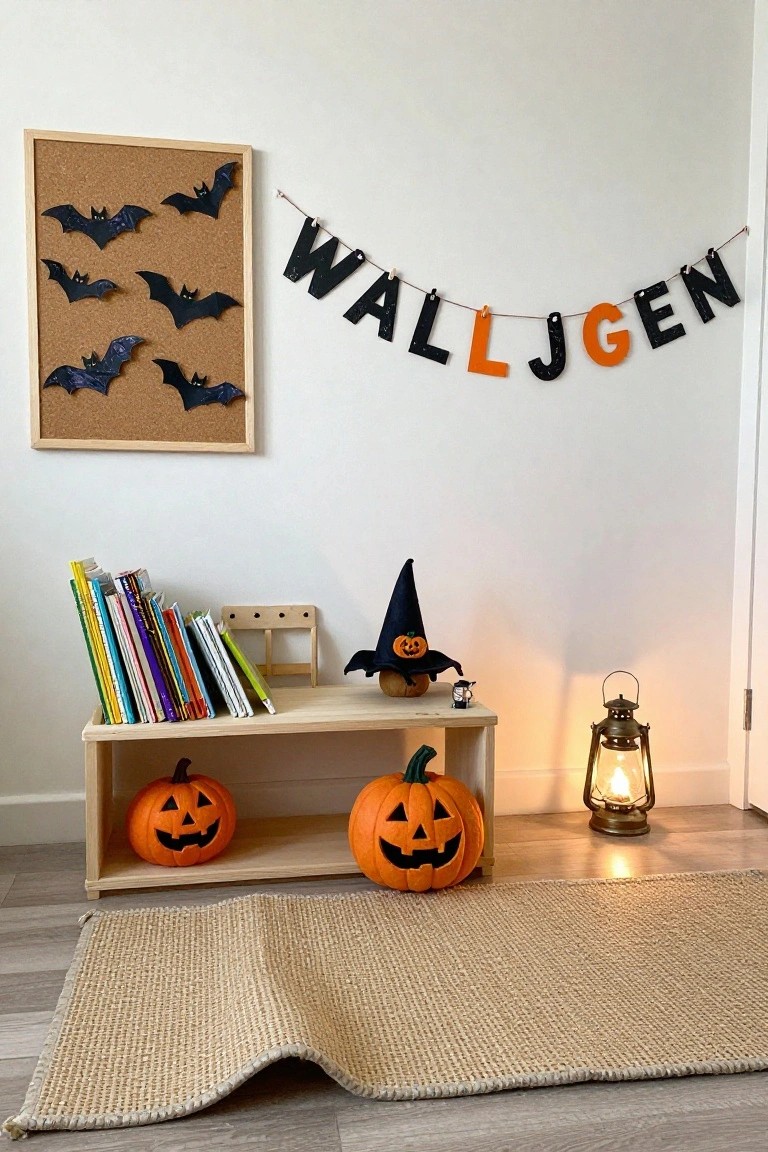 White room corner with corkboard pinned with black paper bats, black and orange fabric banner spelling WALLJUGEN, wooden bookshelf holding colorful children's books and orange fabric jack-o-lantern pumpkins, plush witch doll on top shelf, metal lantern on floor, and seagrass rug.