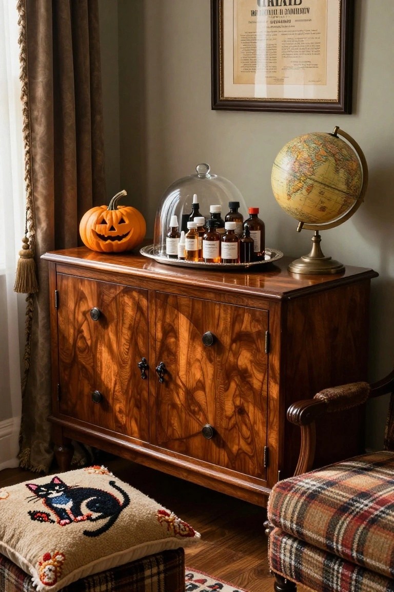 Wooden credenza topped with silver tray holding glass apothecary bottles, glass-domed carved pumpkin, and flanked by globe, in room with curtains, plaid chair, and black cat pillow on floor.