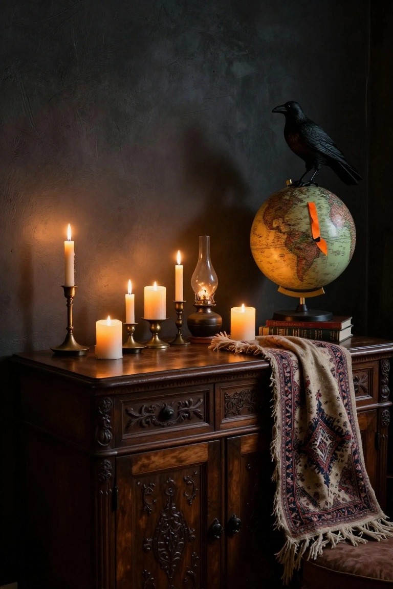 Dimly lit interior with carved wooden cabinet holding candles in brass holders, oil lamp, books, globe clock with orange ribbon, black raven statue, and patterned rug draped over the edge against dark textured wall.