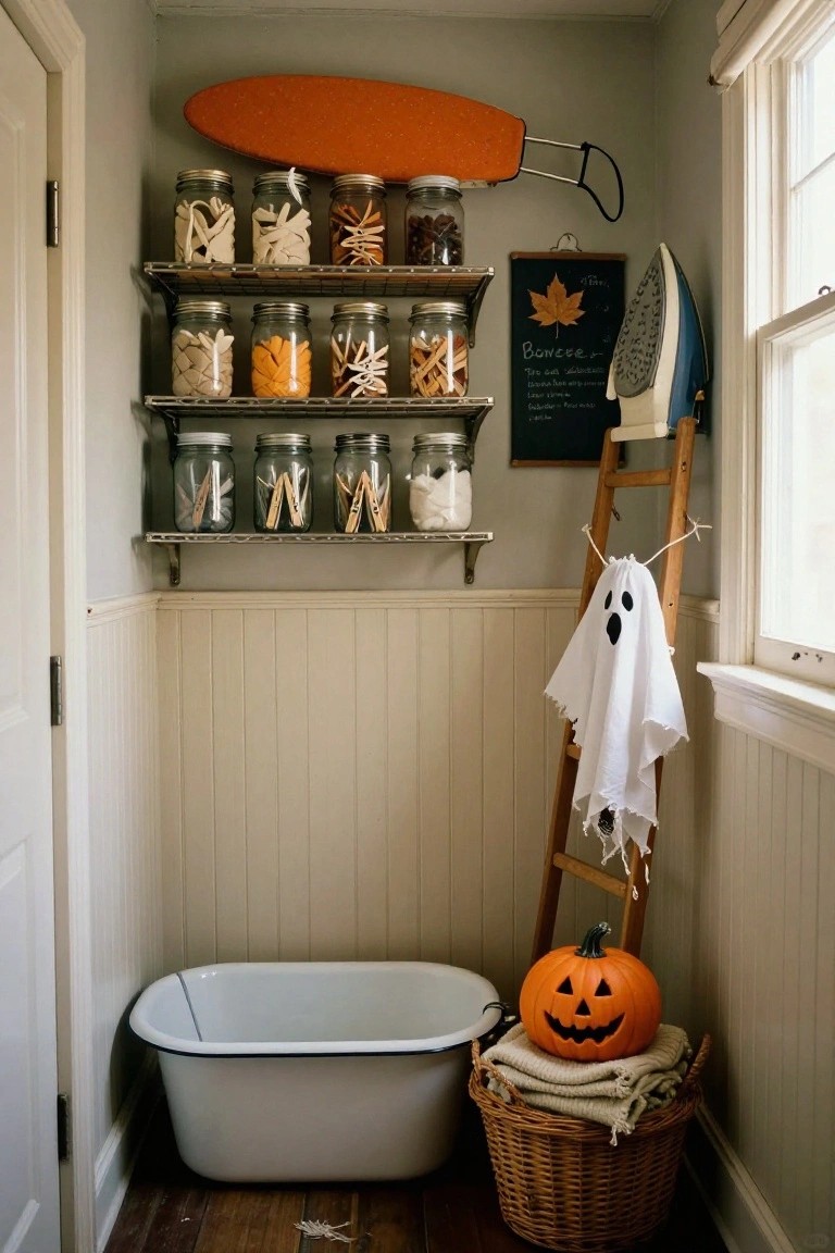 Small indoor utility room with open wire shelves holding glass jars filled with dried pasta, candies, and other items, a wooden ladder draped with a white ghost sheet, a white enamel wash tub, orange pumpkin, laundry basket with linens, ironing board, and surfboard on wall.
