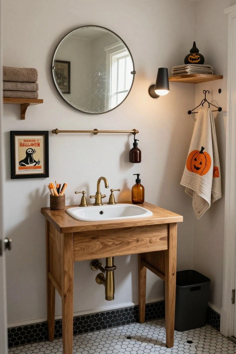 Small bathroom with wooden vanity and white sink, brass faucet and pipes, round mirror, framed vintage Halloween poster on wall, jack-o-lantern towels on hooks and shelf, soap dispensers, and black-and-white hexagonal floor tiles.