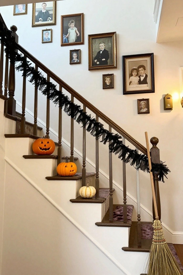 Staircase decorated with pumpkins, black garland, and broom for Halloween.