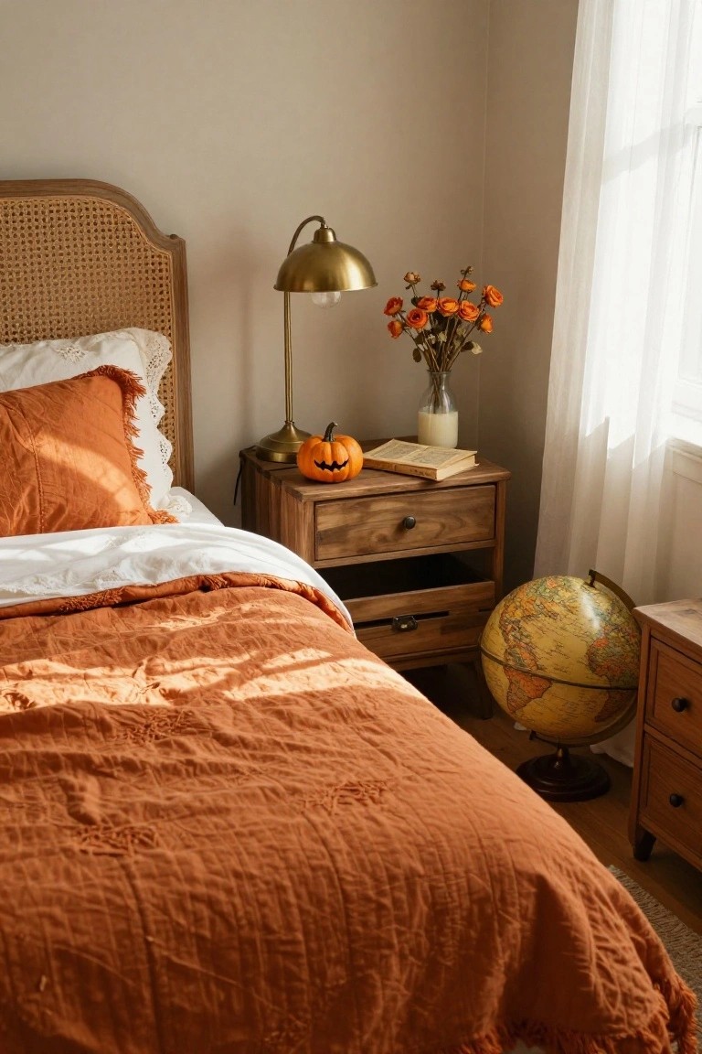 Corner view of a bedroom with rattan headboard bed draped in orange terracotta quilt and pillows, wooden nightstand with brass lamp, carved pumpkin, open book, and vase of dried orange flowers, globe stand nearby, white curtains at window.