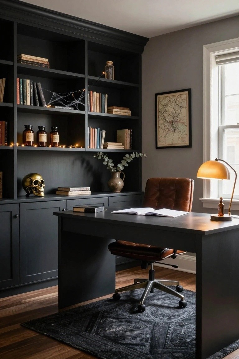 Home office featuring tall black built-in bookshelves stocked with books, glass apothecary jars, a gold skull, spider webs, and string lights, with a black desk, tan leather chair, and brass desk lamp.