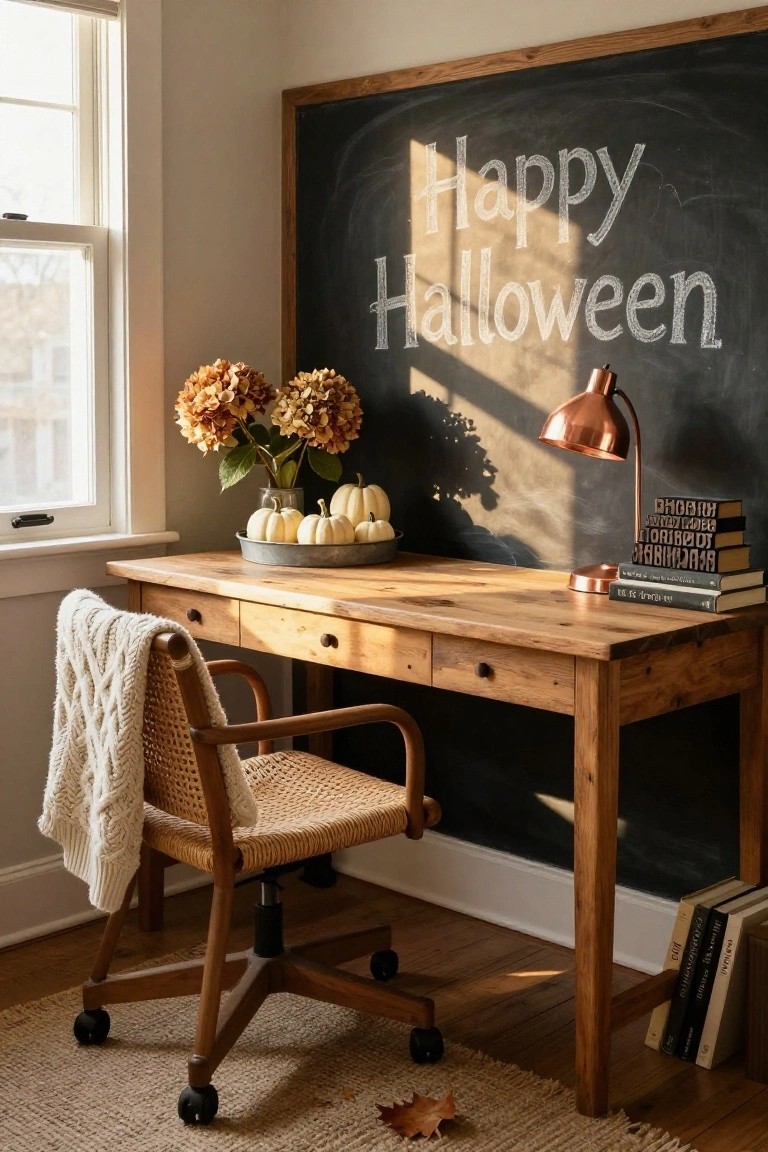 Sunlit home office corner with wooden desk holding small white pumpkins in a tray, dried hydrangea bouquet, copper desk lamp, and stacked books, under a blackboard reading "Happy Halloween", next to a rattan chair with white knit throw.