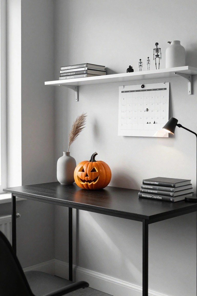 Minimalist office corner with black metal desk holding carved grinning orange pumpkin, stacked books, beige vase with pampas grass, white shelves above displaying small black skeleton figures and white vase, wall calendar, desk lamp, light gray walls and window.