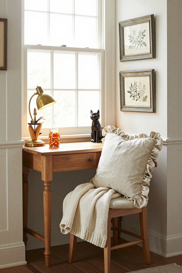 Corner wooden desk with turned legs holding a brass cornstalk lamp, glass jar of candy corn, and black cat statue on top, cream ruffled pillow and knit throw on matching wooden chair, white window and botanical prints on beige walls.