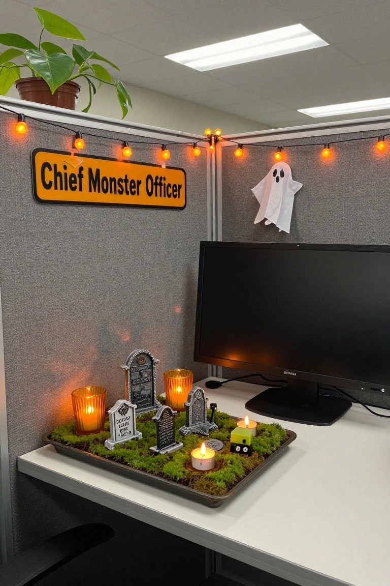 Halloween cubicle with "Chief Monster Officer" sign, string lights, and graveyard desk decor.