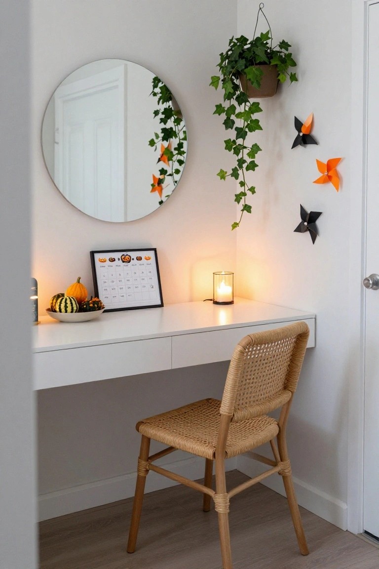 Corner view of a white wall-mounted desk with rattan chair, round mirror draped in ivy, hanging pothos plant, black and orange paper pinwheels on wall, Halloween-themed October calendar, small pumpkins in white bowl, and lit glass candle.