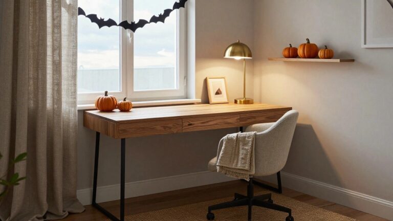 A cozy office space featuring a wooden desk with pumpkins, a gold lamp, and a bat garland, complemented by warm tones and soft textures.