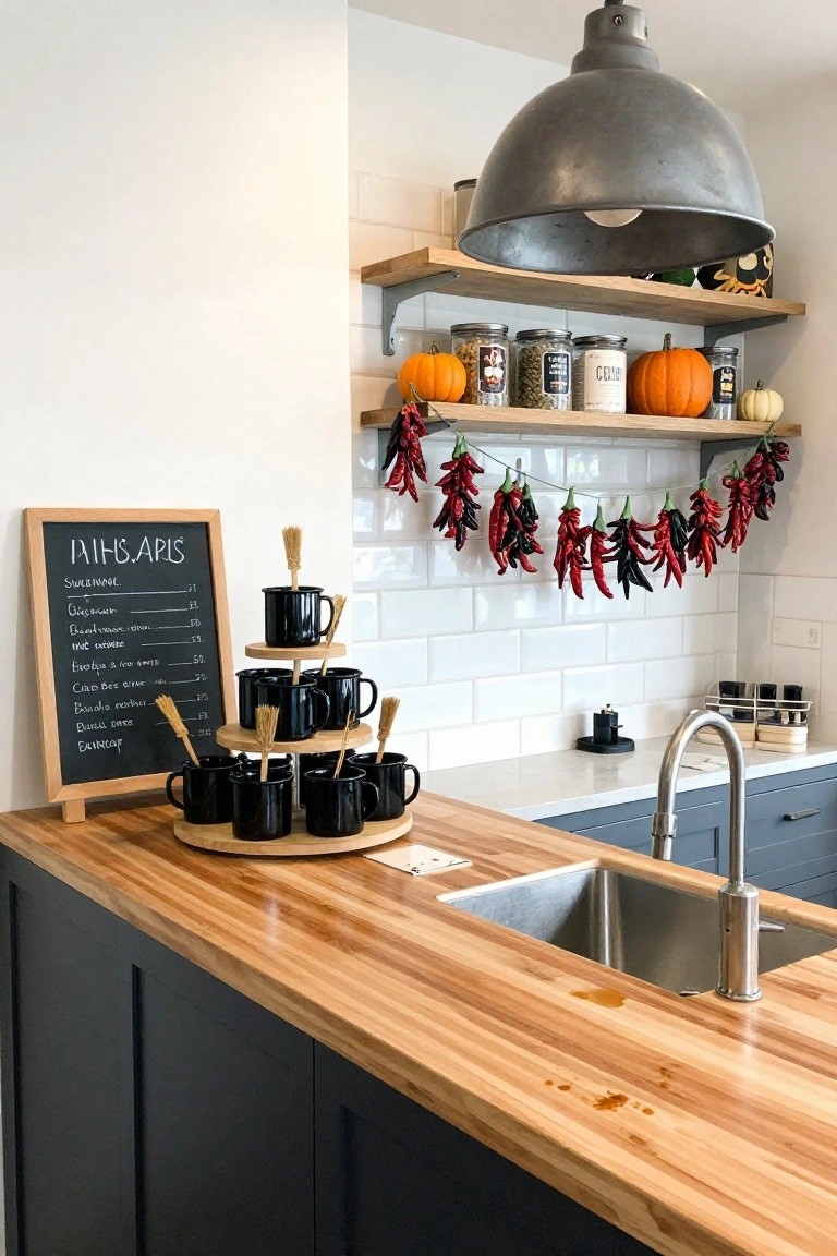 Kitchen counter featuring a wooden tiered stand with black enamel mugs and broom stirrers, a chalkboard menu listing drinks, red chili pepper garland on white subway tile backsplash, pumpkins and jars on wooden shelves above, and a stainless sink in dark blue cabinets.