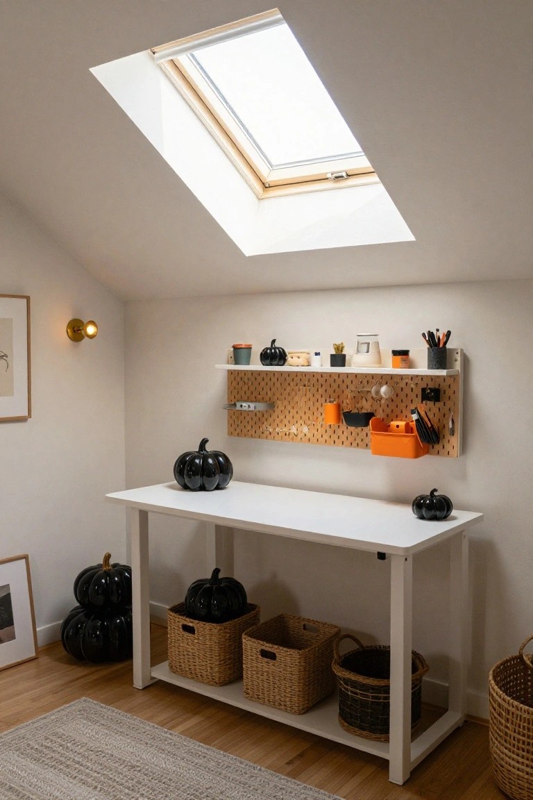 Attic home office with white desk holding black glossy pumpkins, wicker baskets nearby, pegboard wall with orange bins, hooks, tools, and small black pumpkin, skylight above.