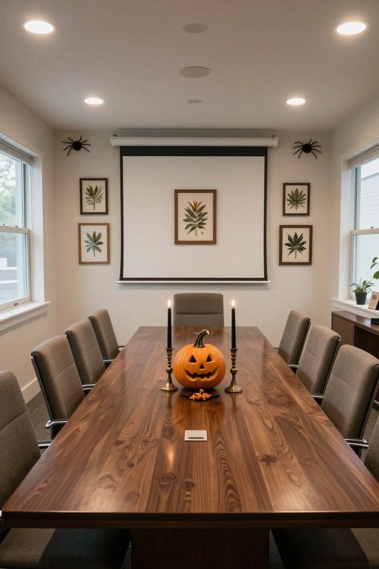 Modern office conference room with a long walnut table centered by a carved orange pumpkin between two black candlesticks, surrounded by gray upholstered chairs, a projector screen, framed botanical prints, spider decorations, and potted plants.