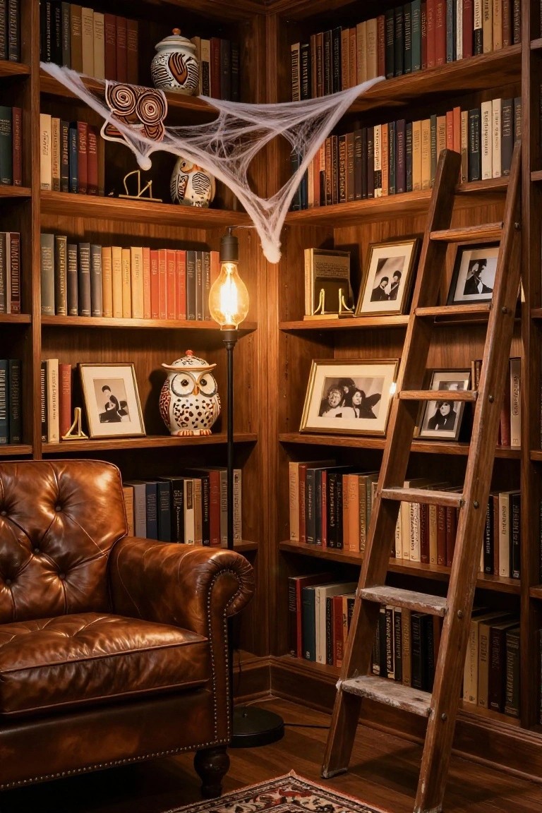 Wooden library corner room with floor-to-ceiling bookshelves, a leaning ladder, draped spider webs, owl ceramics, vintage photographs in frames, a leather armchair, and a lit lamp.