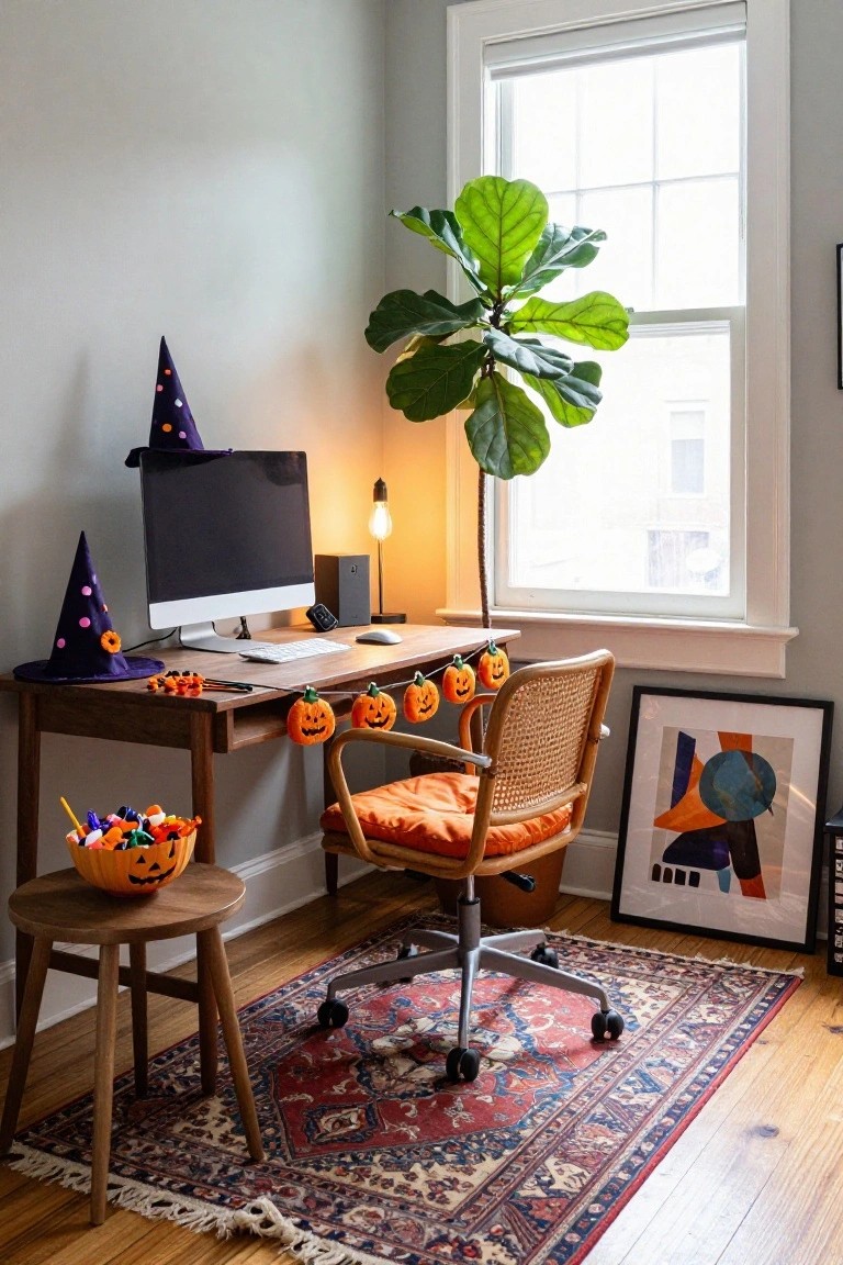 Halloween-themed home office with pumpkin garland, witch hats, and orange chair.