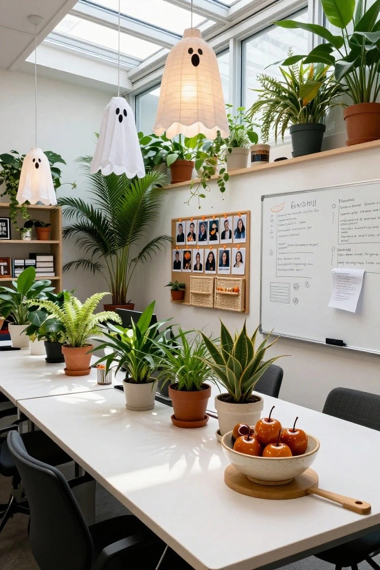 Plant-filled office meeting room with hanging white paper ghost lampshades from the ceiling, a whiteboard with notes and photos on the wall, potted plants on shelves and table, bowl of oranges on the white conference table, and black office chairs.