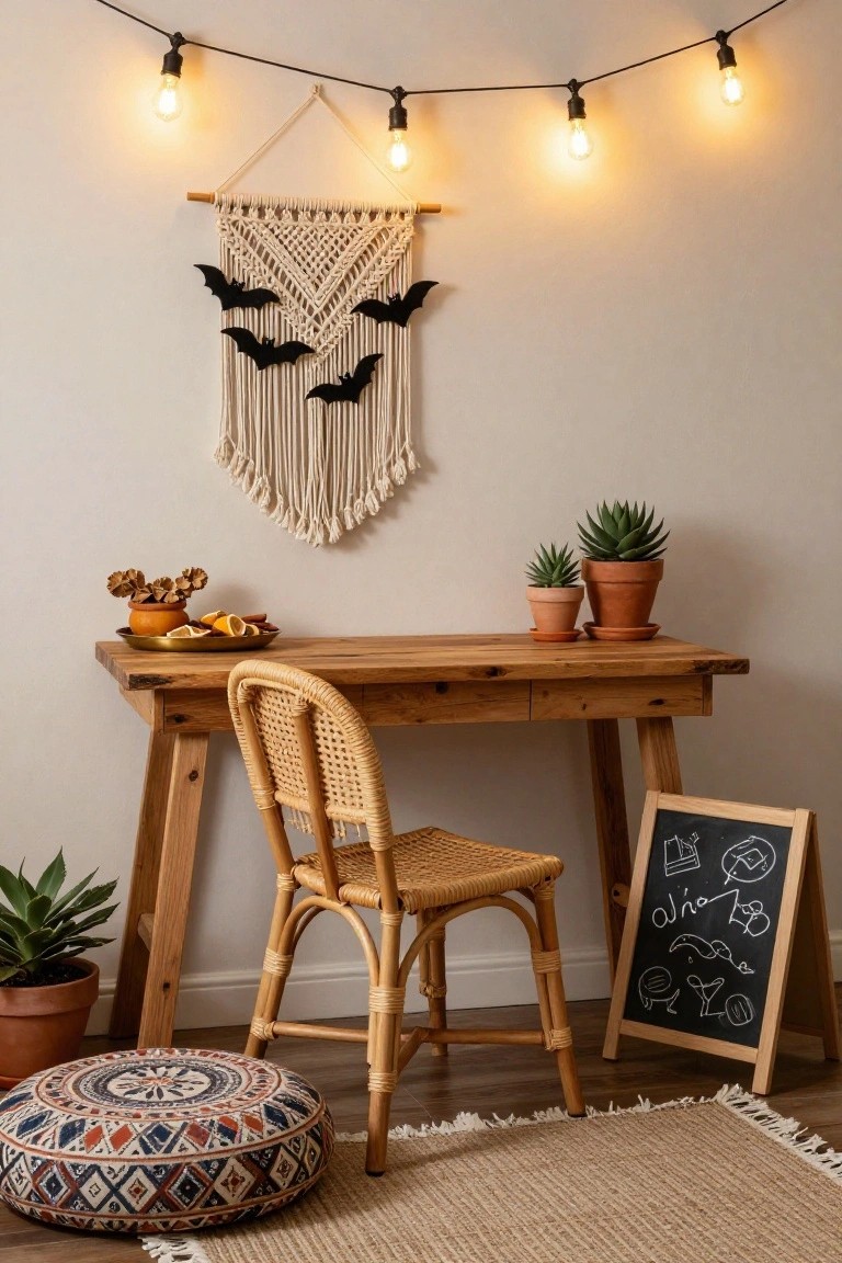 A small wooden desk with rattan chair in a beige room, featuring a white macrame wall hanging with black bat silhouettes, string lights overhead, potted plants, a tray of dried oranges and spices, and a chalkboard stand nearby on a textured rug.