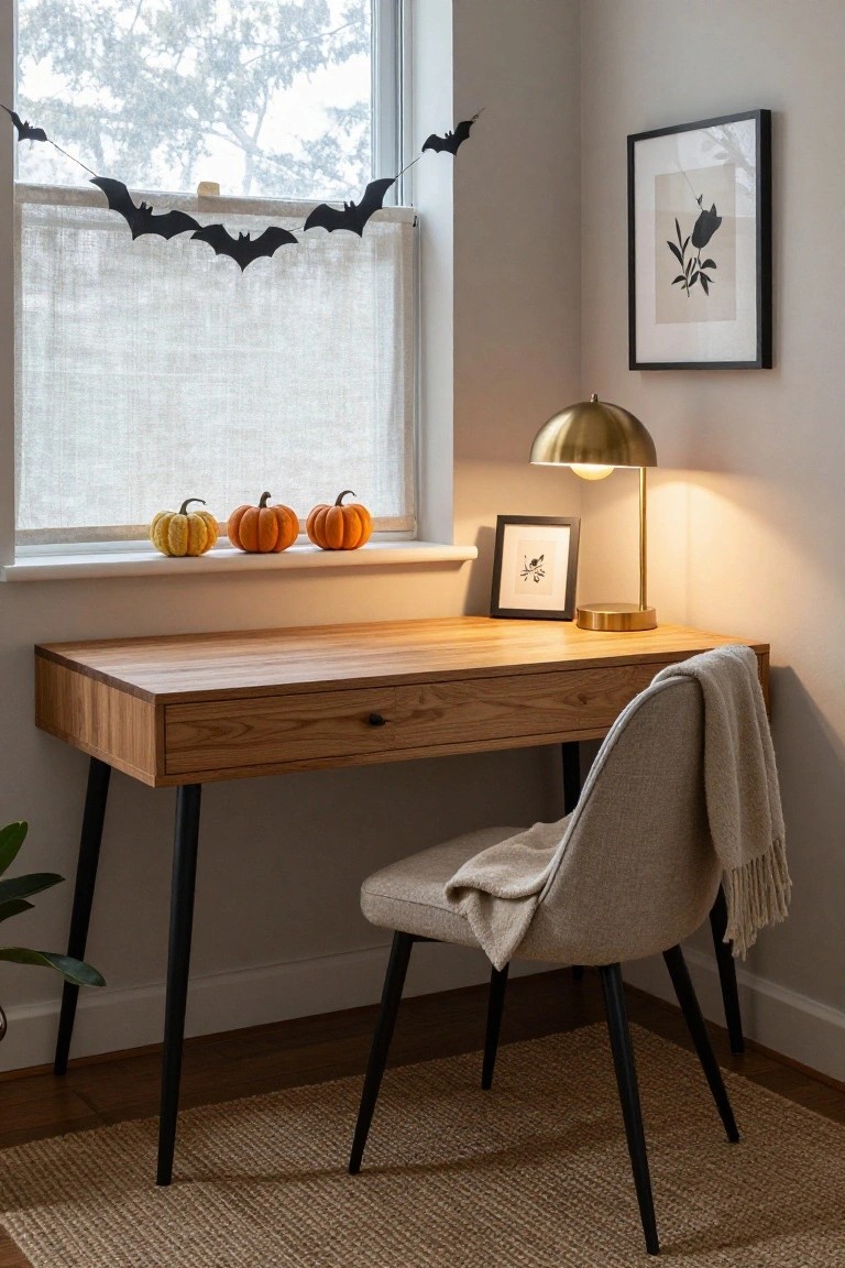 Cozy wooden desk with bat garland, pumpkins, brass lamp, and beige chair.