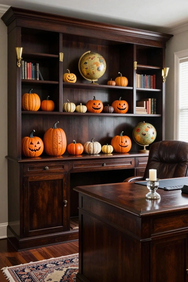 Dark wood office with carved pumpkins, globes, bookshelves, and leather chair.