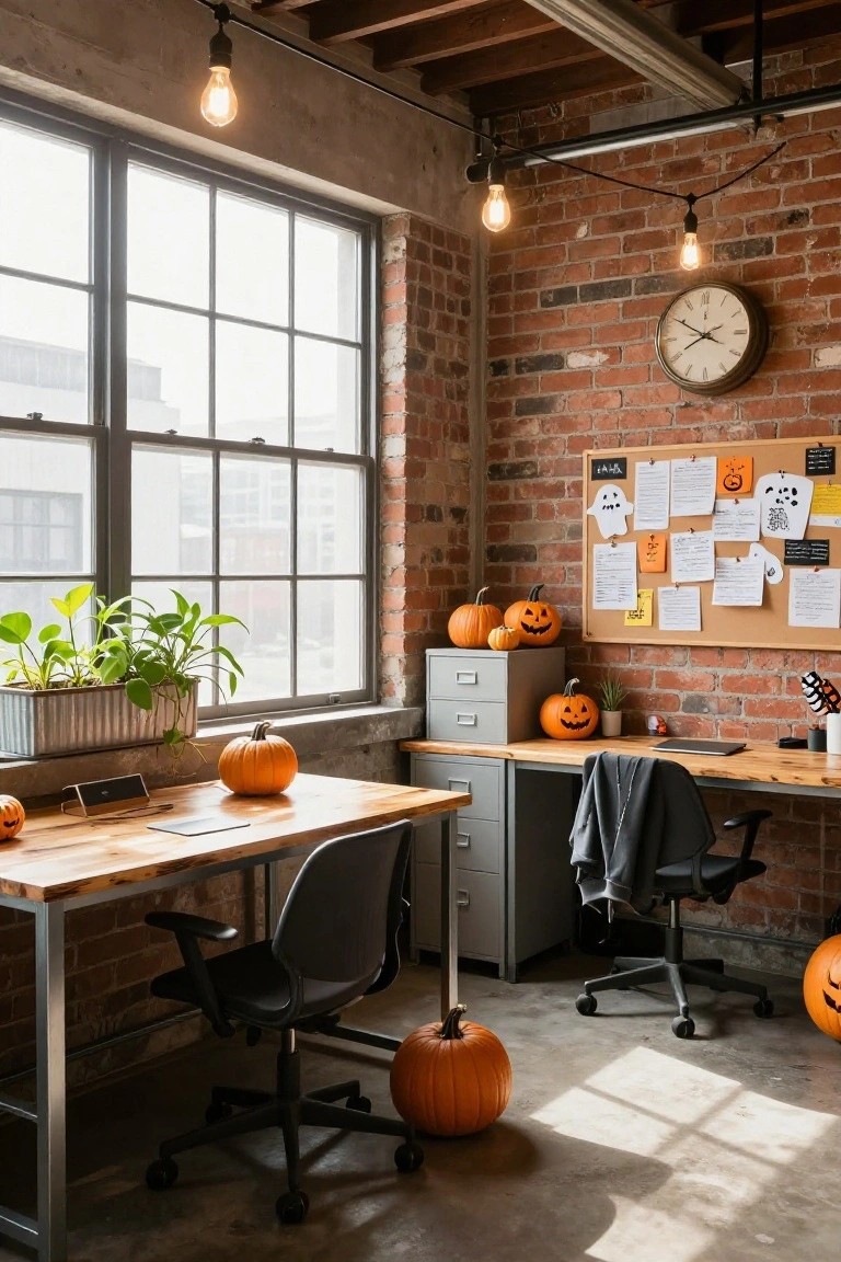 Exposed brick industrial office with wooden desks, gray chairs, potted plants, corkboard notes, vintage clock, string lights, and scattered carved and plain pumpkins on tables and floor.