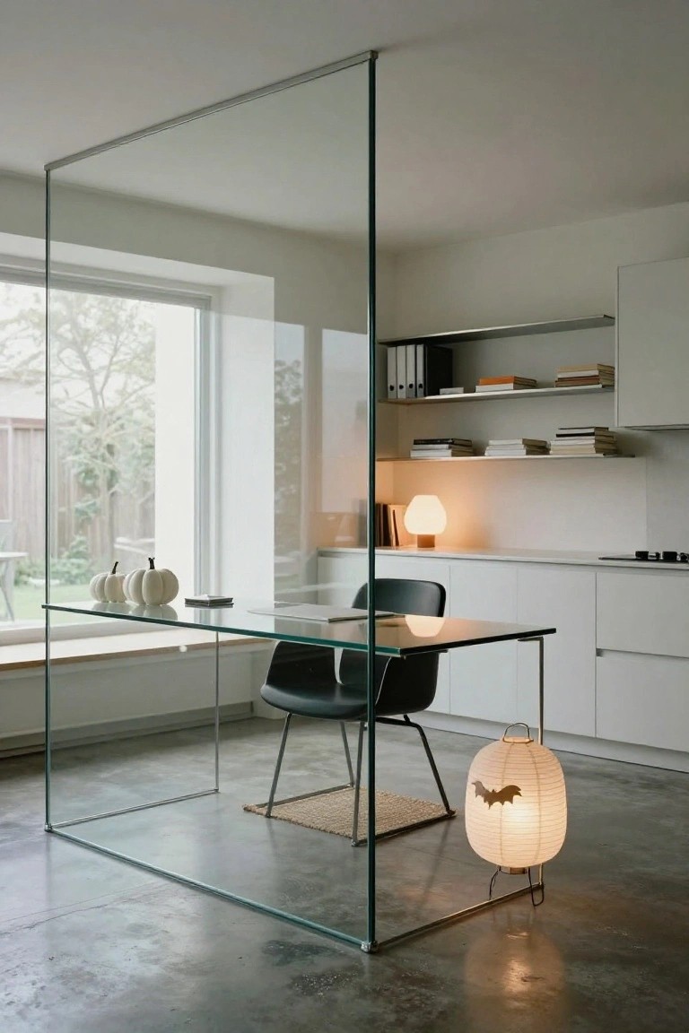 Glass-enclosed modern home office with glass desk, black swivel chair, white pumpkins on windowsill, and white paper lantern floor lamp featuring bat design on concrete floor next to white kitchen cabinets.