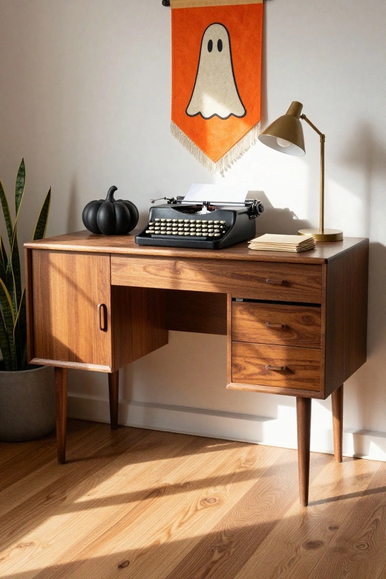 Wooden mid-century modern desk holding a black typewriter, black pumpkin, stack of beige envelopes, and gold desk lamp, next to a potted snake plant, with an orange fabric ghost banner hanging on the wall above and wooden flooring below.
